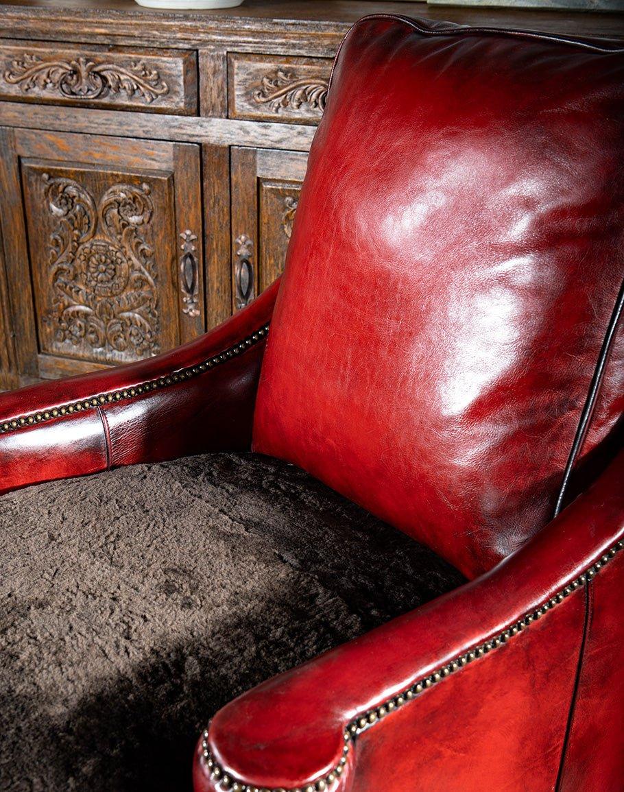 Burnished Red Leather Chair w/ Shearling Seat - Fine Luxury Furniture Made in America - Your Western Decor