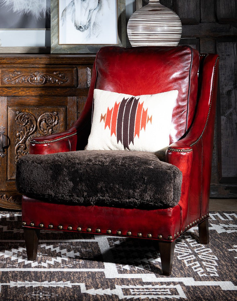 Burnished Red Leather Chair w/ Shearling Seat - Fine Luxury Furniture Made in America - Your Western Decor