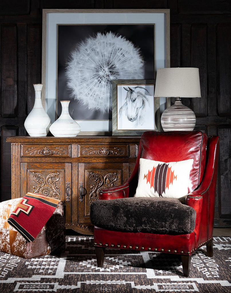 Burnished Red Leather Chair w/ Shearling Seat in Room Setting - Fine Luxury Furniture Made in America - Your Western Decor
