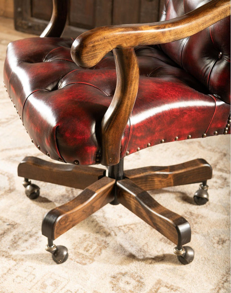 Burnished Red Leather Tufted Office Chair seat/frame detail - Your Western Decor