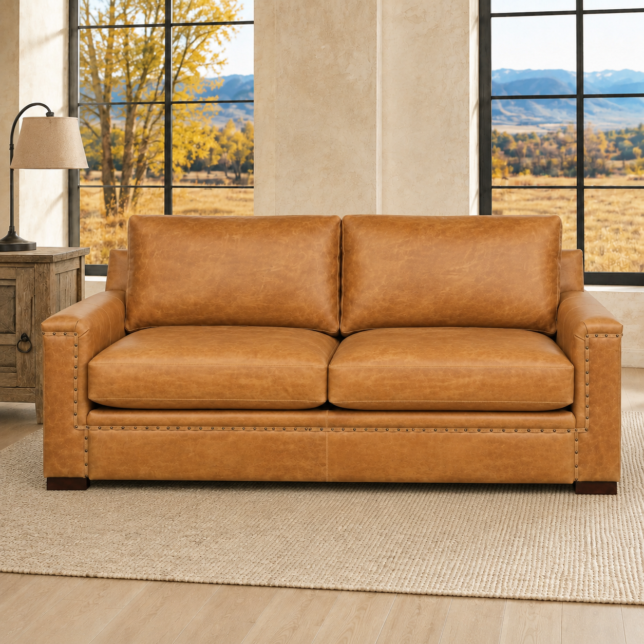 A two-seater loveseat sofa upholstered in warm tan leather with nailhead trim, shown in a staged living room setting with large windows and a view of an outdoor landscape.