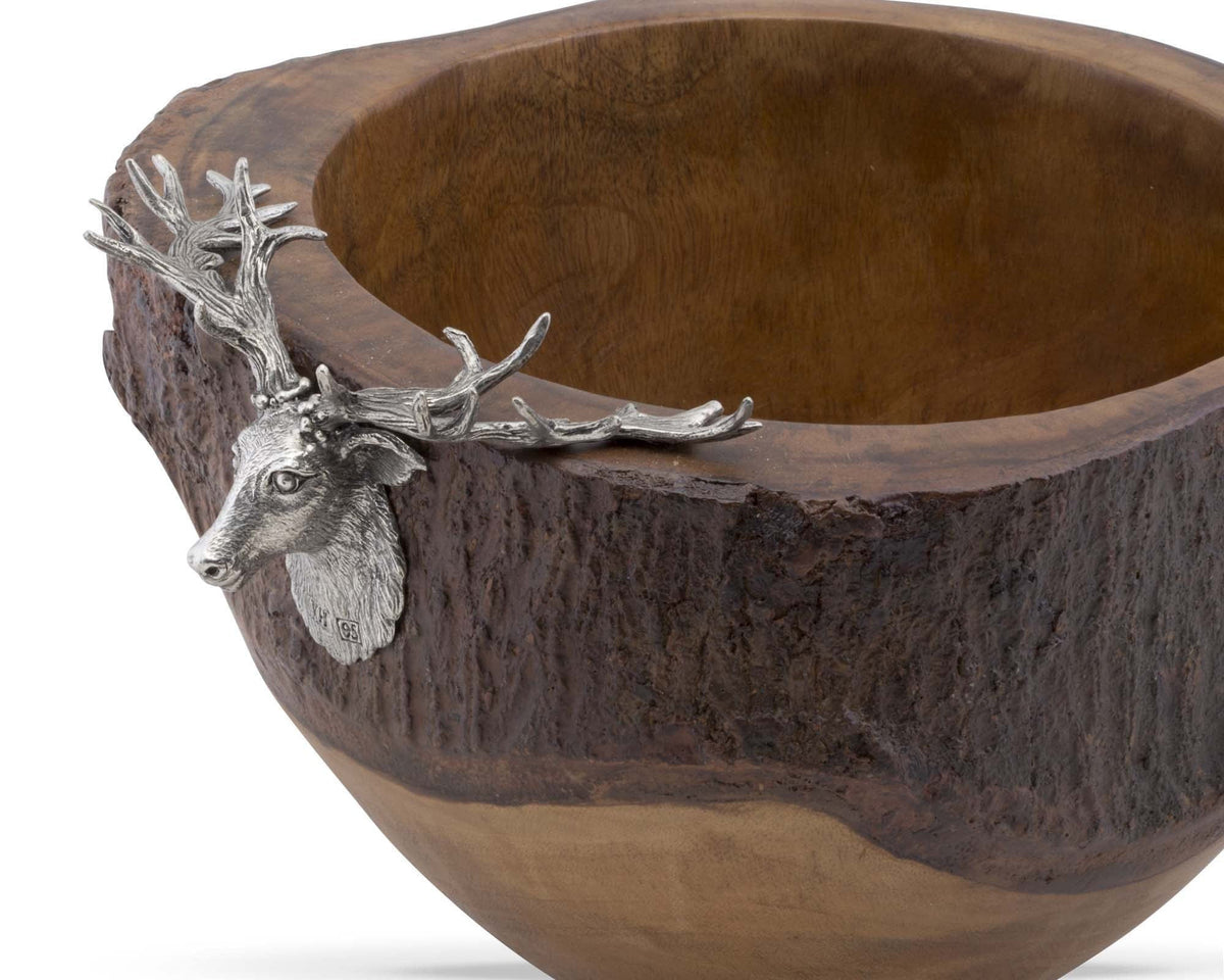 Acacia wood rustic salad bowl with a carved pewter elk accent