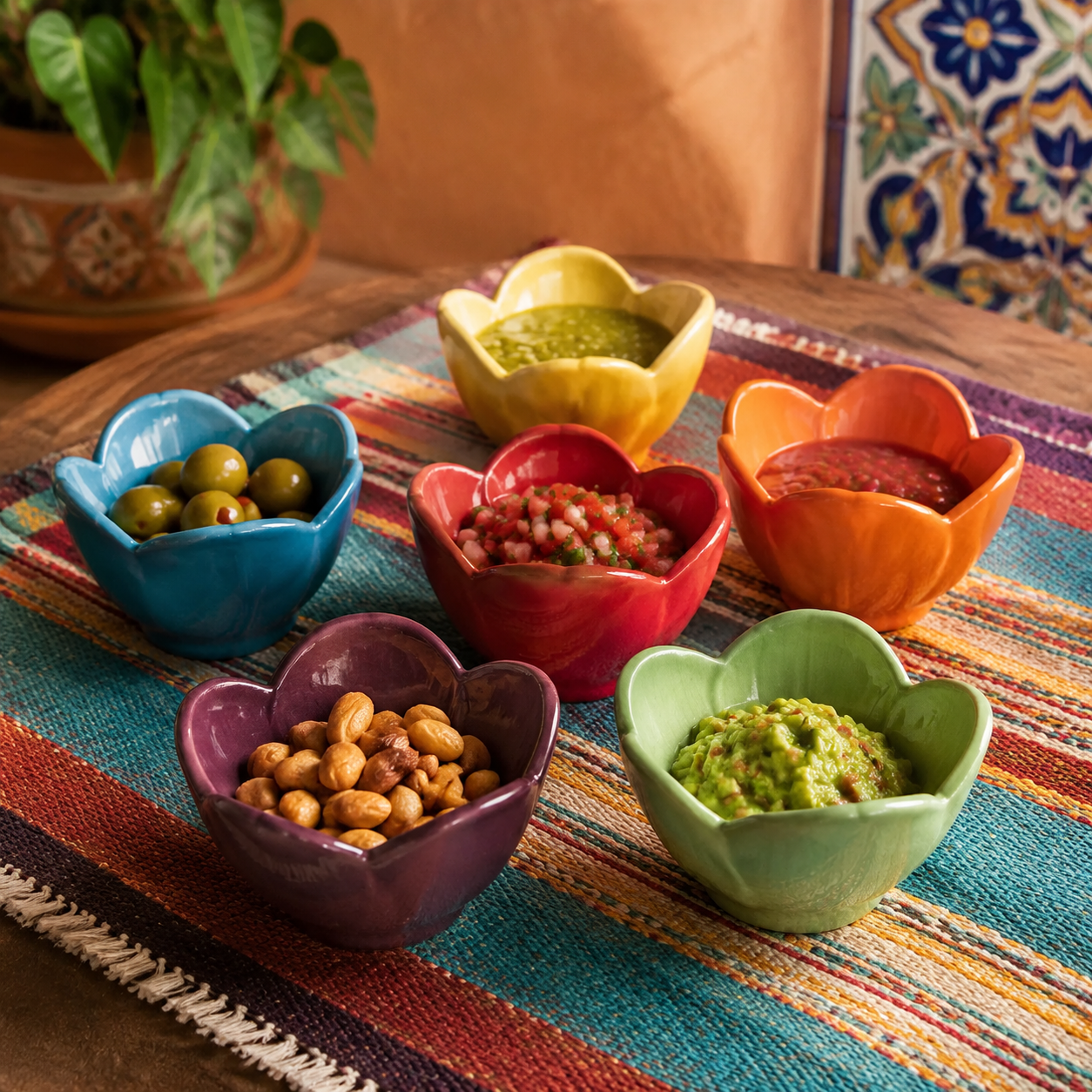 Six small flower-shaped ceramic bowls in blue, purple, green, yellow, orange, and red, arranged on a colorful striped textile on a wooden table. The bowls contain olives, nuts, salsa, and guacamole, with a potted plant and tiled wall in the background.