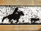 Calf roping lasered over cowhide, western wall decor made in the USA - Your Western Decor