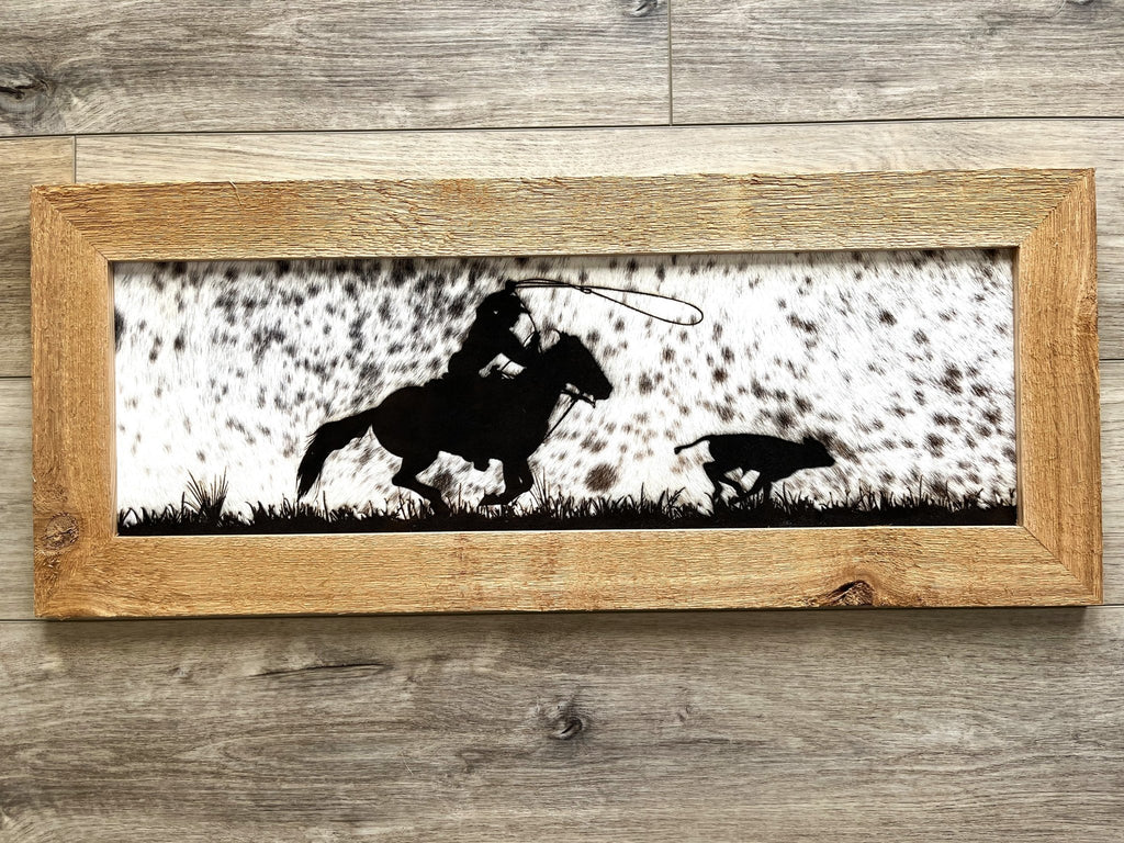 Calf roping image lasered over cowhide western wall decor - Made in the USA - Your Western Decor