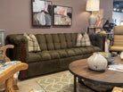Dark green leather Camden sofa with channel cushion seat and wood with nail trim accents