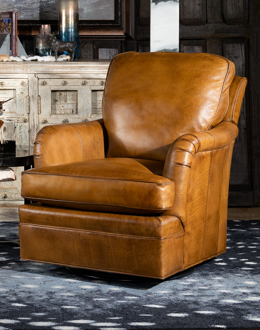 American made tan burnished leather swivel glider chair - Your Western Decor