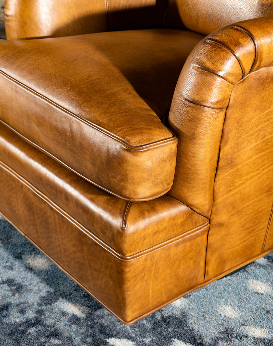 American made tan burnished leather swivel glider chair - Your Western Decor