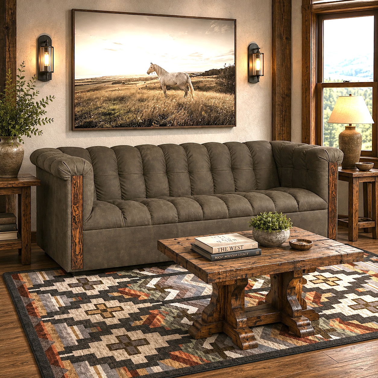 Modern Western Biscuit Tufted Sofa with Bocote Wood Accents