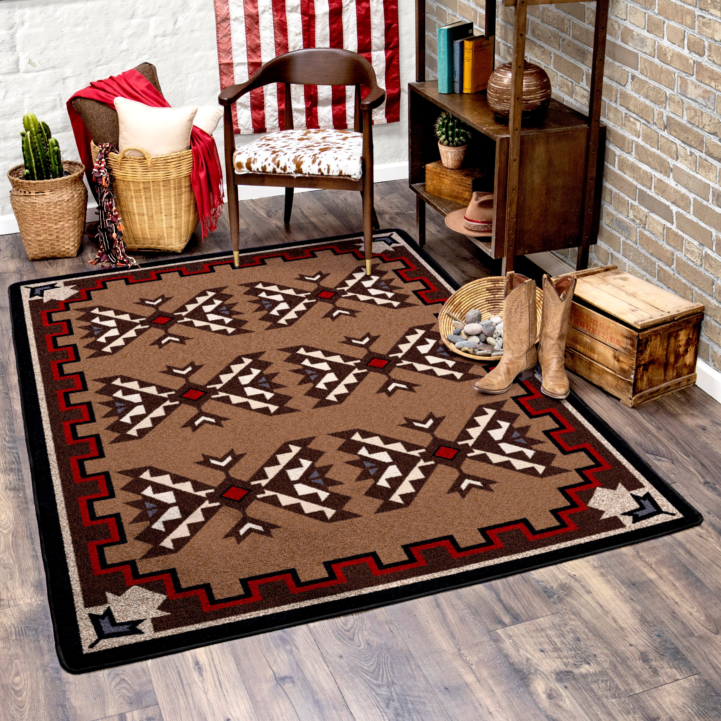 American made rug in brown with black, red, white and blue colors - Your Western Decor