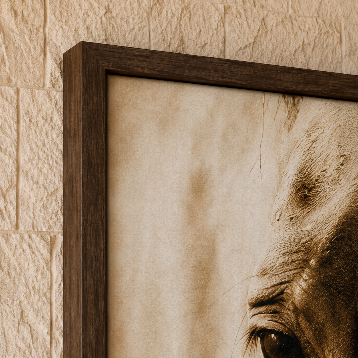 A close-up of a framed sepia-toned artwork showing part of an horses face, mounted against a textured beige wall.