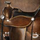A close-up painted view of a brown leather saddle with black sections, gold trim, and white snap details against a textured brown background.