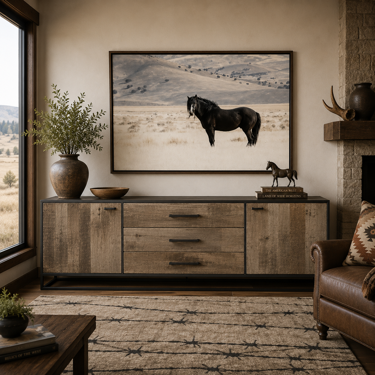 Rustic industrial mango wood sideboard cabinet styled in Western ranch interior with Royal Black Horse Art and Barbed Wire Area Rug
