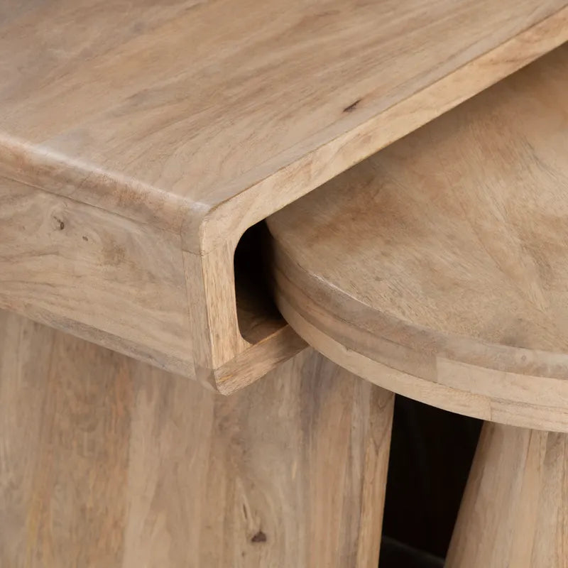 Detail of lodge style side tables wood nesting tables set