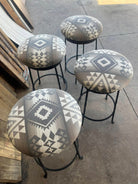 Custom iron bar stools with Pendleton Canyon Lands upholstery 