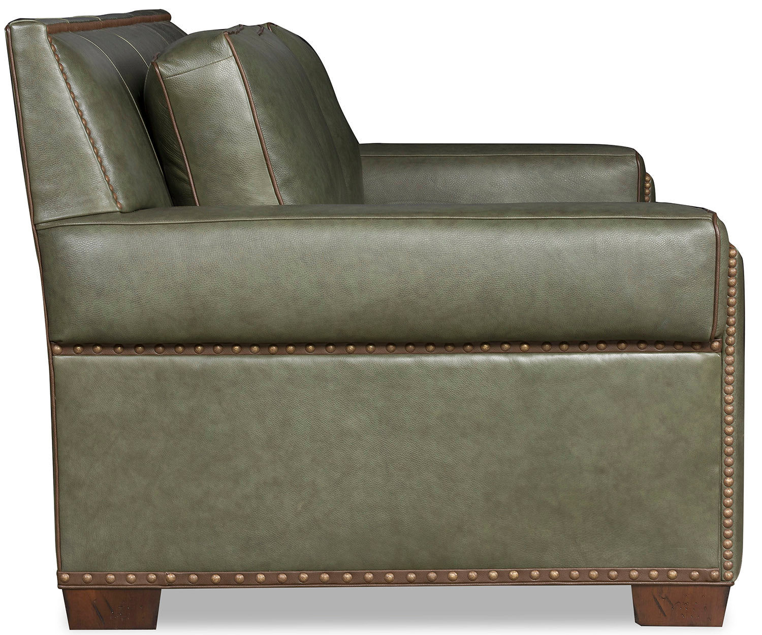 Canyon sage green leather sofa side with brown gimp and nail trim