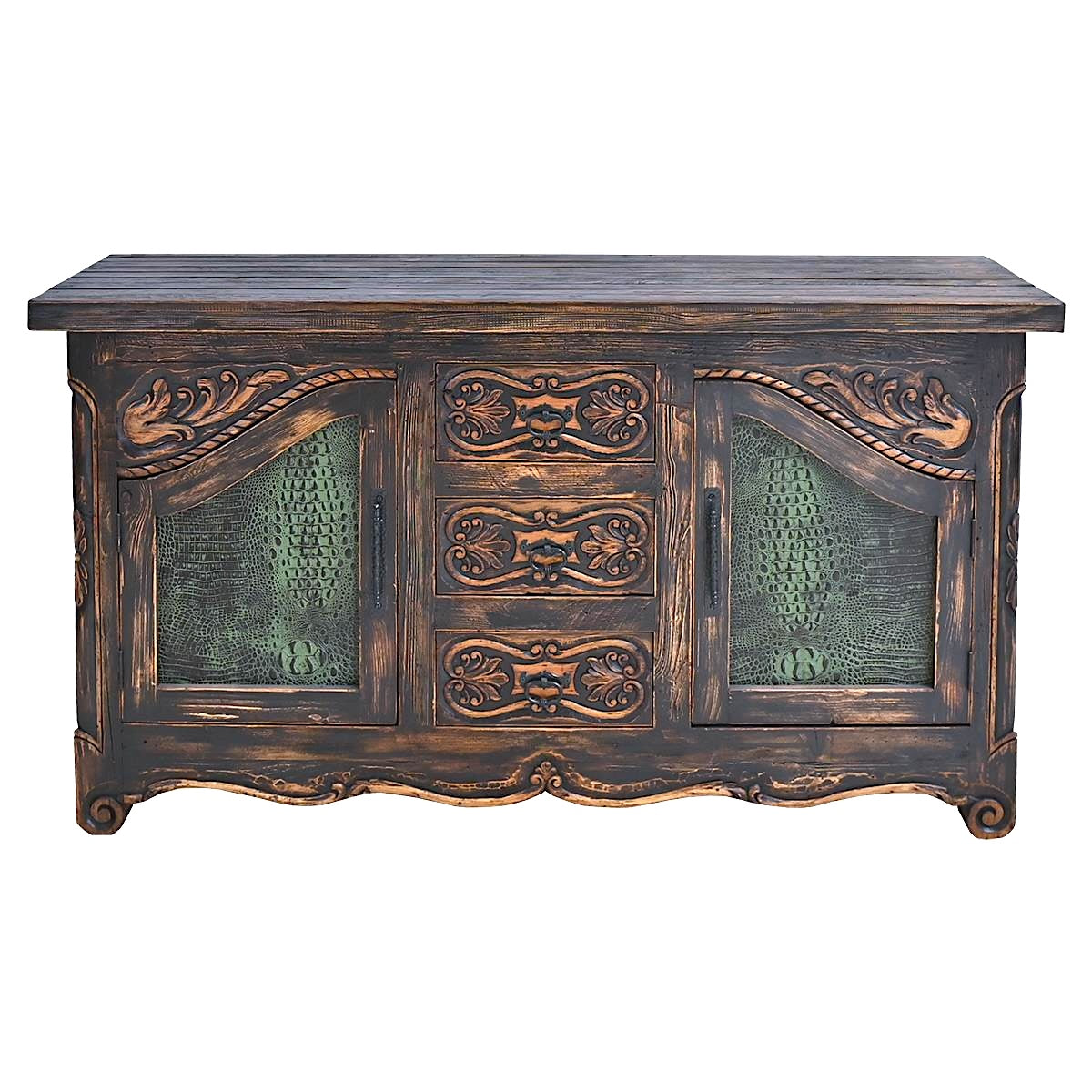 An ornate dark brown wooden chest or sideboard with carved floral details, three drawers in the center, and two front cabinet doors with green croc leather inserts, shown on a plain white background.