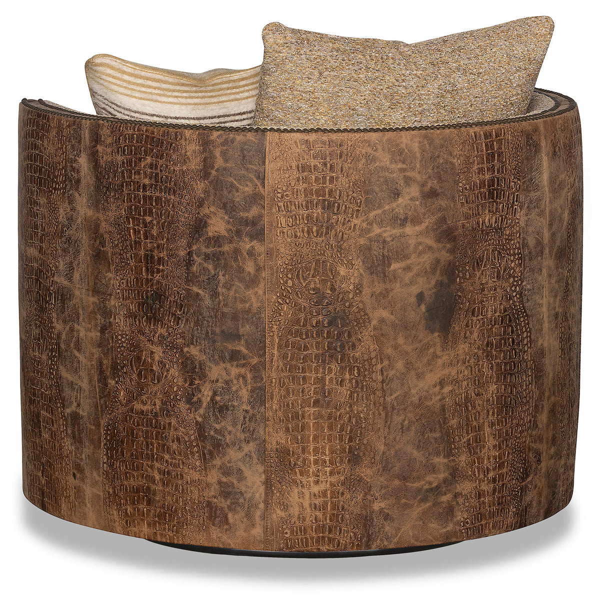 gator embossed leather on outside of western style barrel swivel chair 