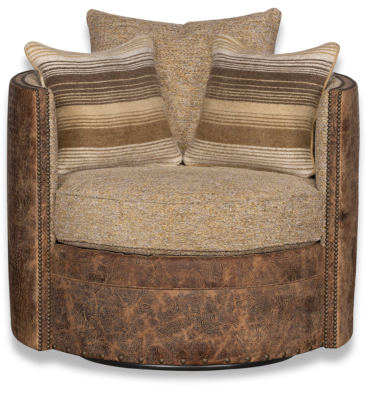 Front view of Carter Croc barrel swivel chair in embossed leathers and fabrics
