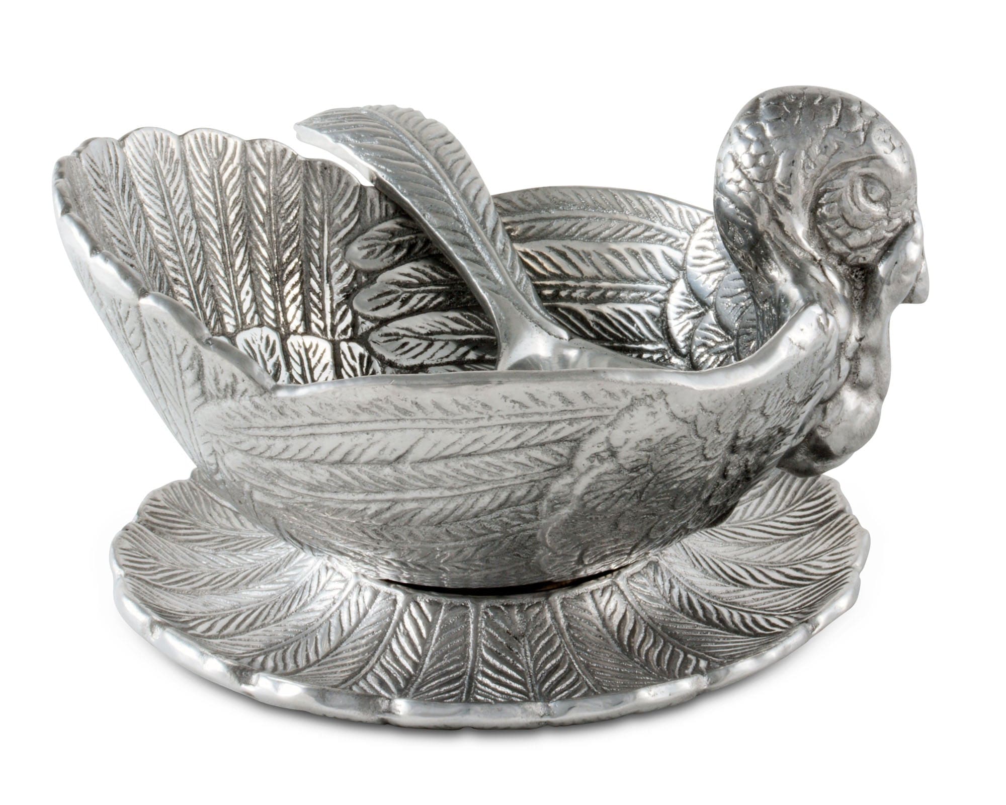 Aluminum 3-pc condiments serving set carved to look like a turkey and turkey feathers - Your Western Decor