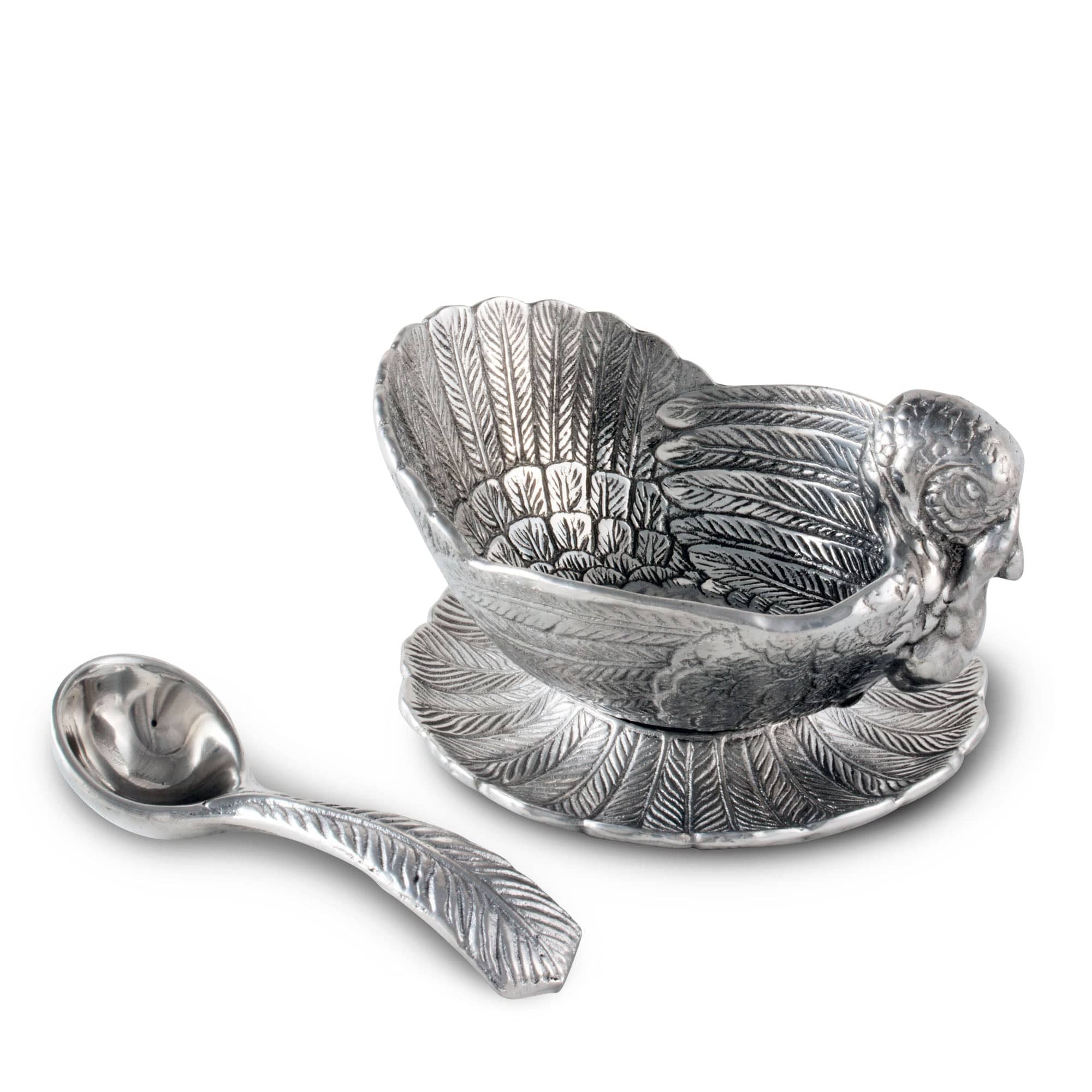 Aluminum 3-pc condiments serving set carved to look like a turkey and turkey feathers - Your Western Decor