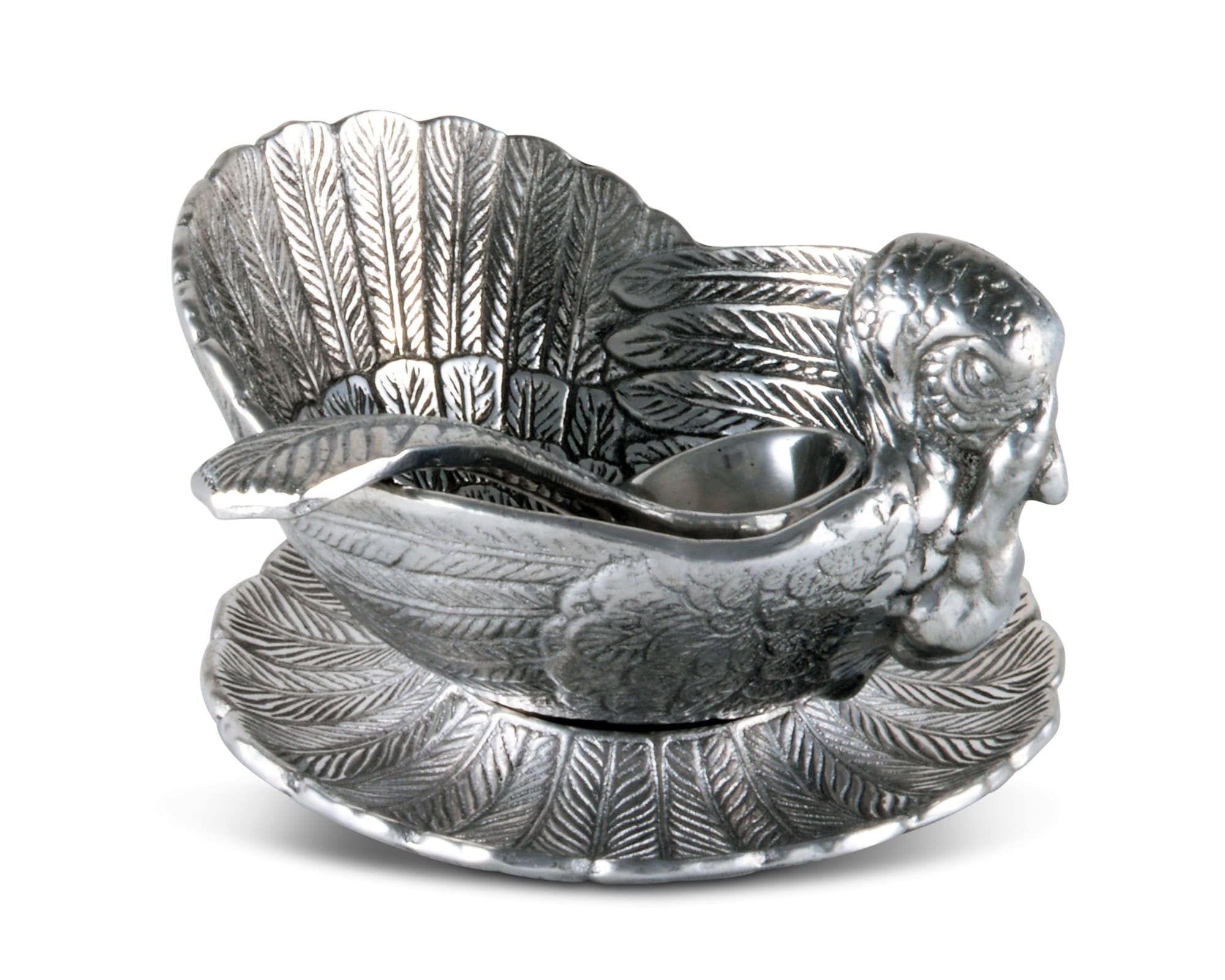 Aluminum 3-pc condiments serving set carved to look like a turkey and turkey feathers - Your Western Decor