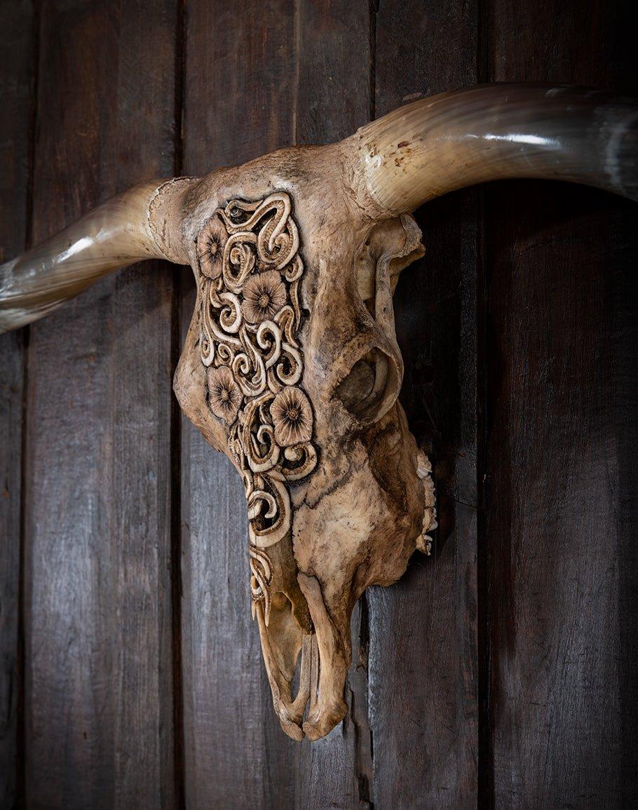 Carved Longhorn Skull Wall Decor - Your Western Decor