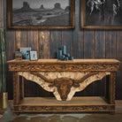 Western carved wood and cowhide console table with storage - Your Western Decor