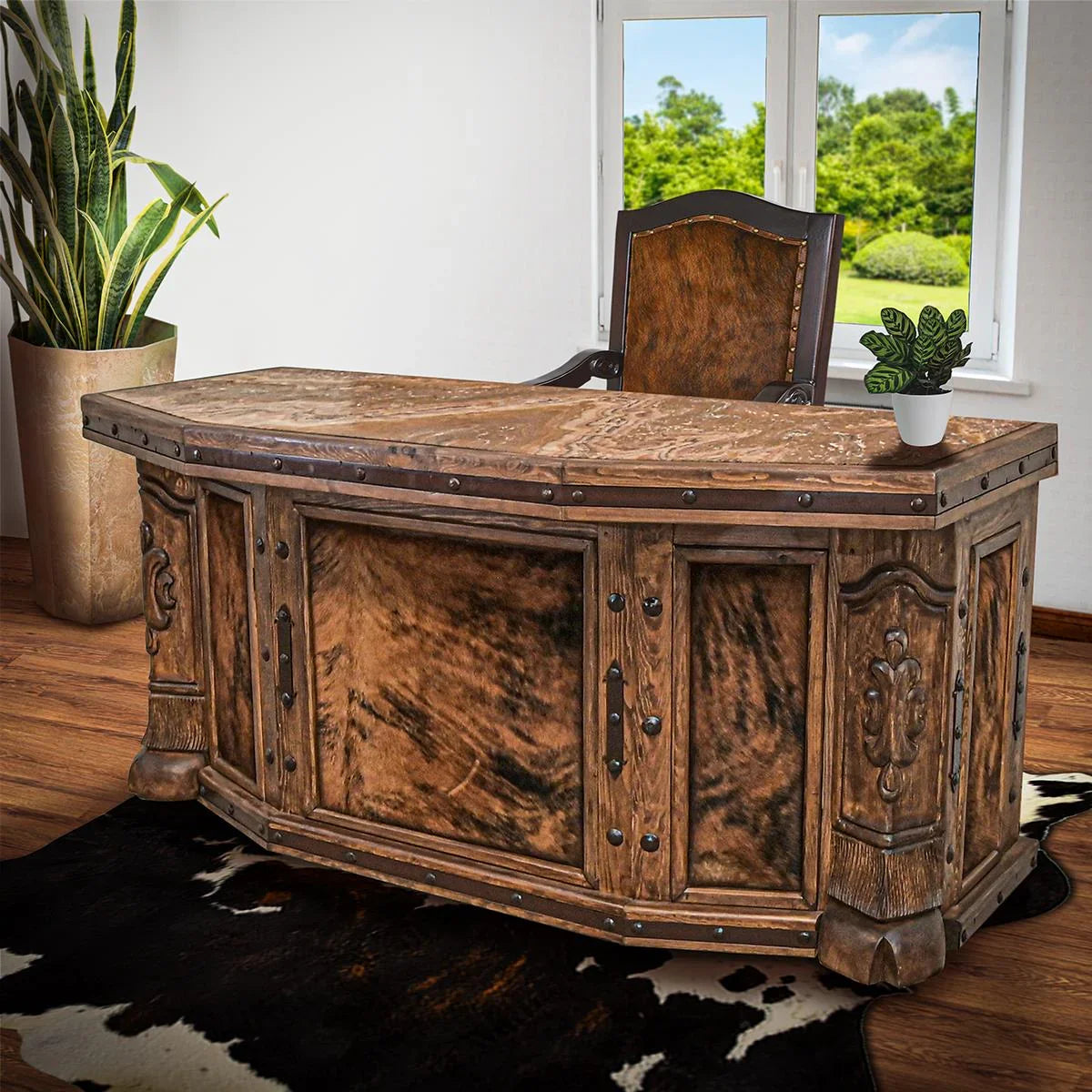 Carved Marble and Cowhide Desk | Your Western Decor