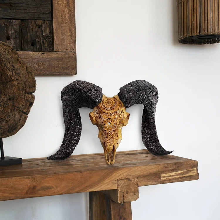 antiqued carved ram skull with hand carved natural horns