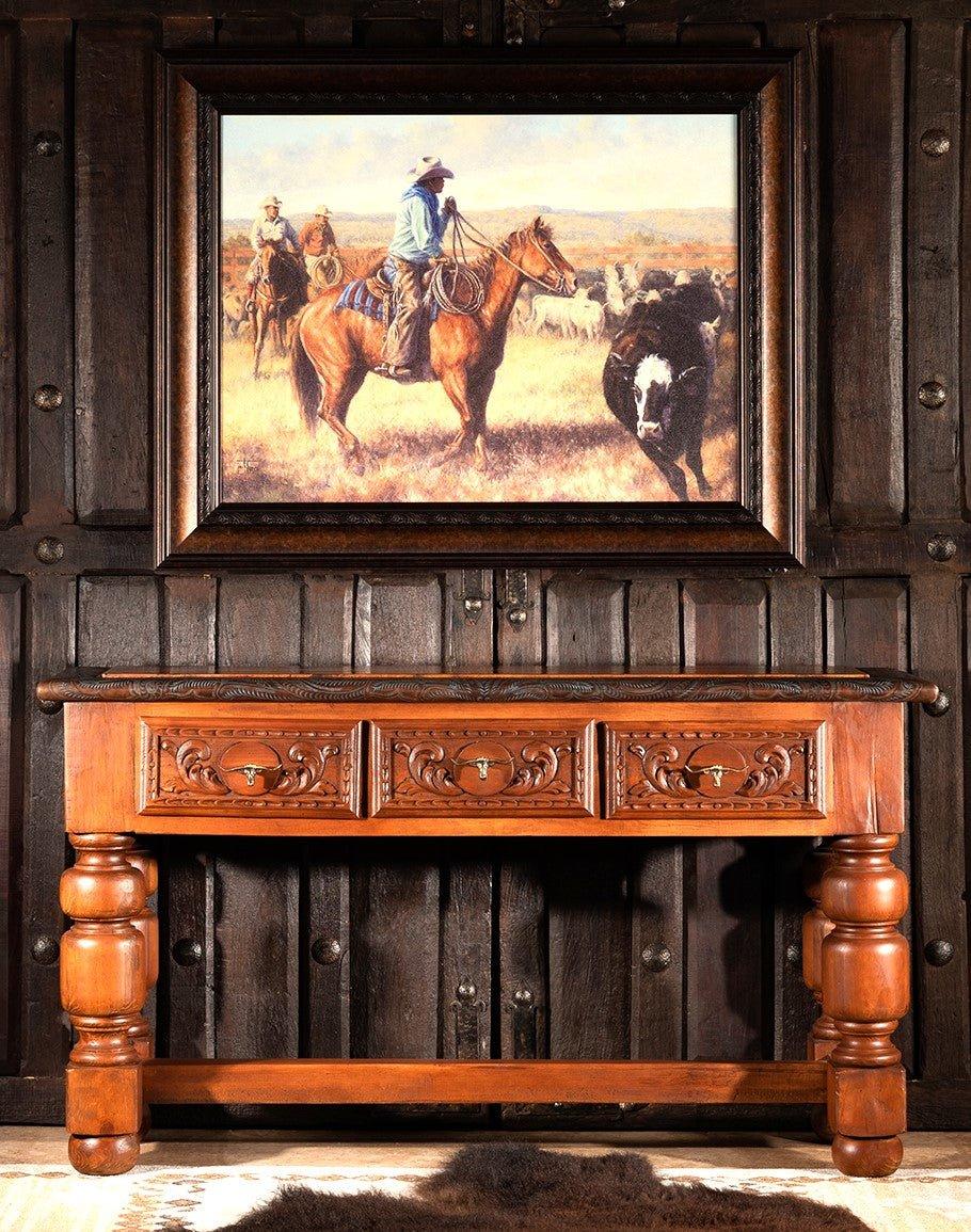 Leather Copper & Carved Wood Console Table - Luxury Furniture - Your Western Decor