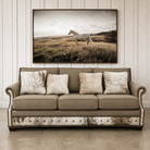 White Horse Framed Art shown with Cashmere Reserve Leather Sofa handcrafted in the USA with Cashmere grey leather and light grey brindle cowhide. 
