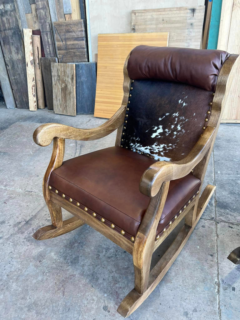 Custom cattle baron leather and cowhide upholstered rocking chair - Your Western Decor