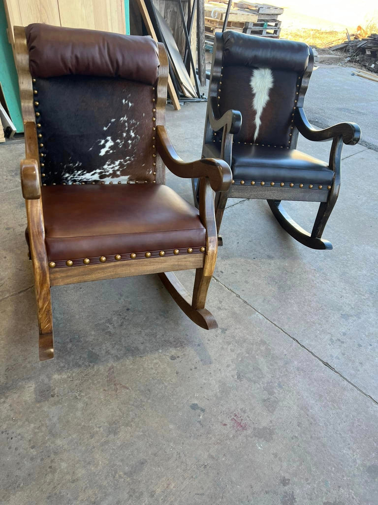 Custom cattle baron leather and cowhide upholstered rocking chairs - Your Western Decor