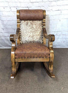 Custom made and upholstered Cattle Baron Rocking Chair in distressed leather and brown and white peppered cowhide - Your Western Decor