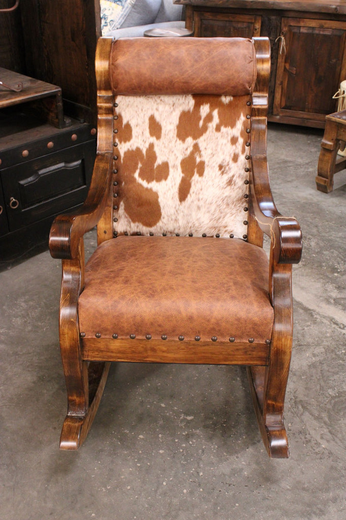 Cattle Baron's Western Leather and Cowhide Rocking Chair custom made in the USA - Your Western Decor