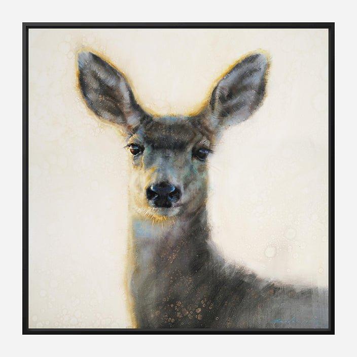 Doe Caught in the Light Black Framed Canvas Art  by David Frederick Riley at Your Western Decor