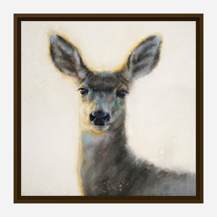 Doe Caught in the Light Brown Framed Canvas Art  by David Frederick Riley at Your Western Decor