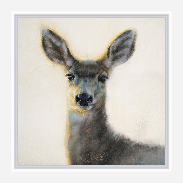 Doe Caught in the Light White Framed Canvas Art  by David Frederick Riley at Your Western Decor