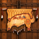 A handcrafted Native American-style leather wall hanging made of smoked deer hide, featuring painted horse imagery, geometric patterns, and hanging feathers, displayed against a rustic wooden door.