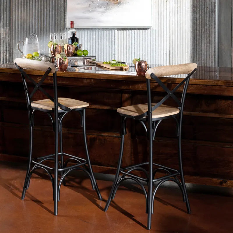 Cedar Creek, Cross Back Barstools, Rustic Barstools, Mango Wood Barstools, Wood and Metal Barstools, Black Metal Barstools, Bar Height Seating, 30 Inch Barstools, Barstool Set of 2, Rustic Industrial Furniture, Ranch Furniture, Pub Table Seating