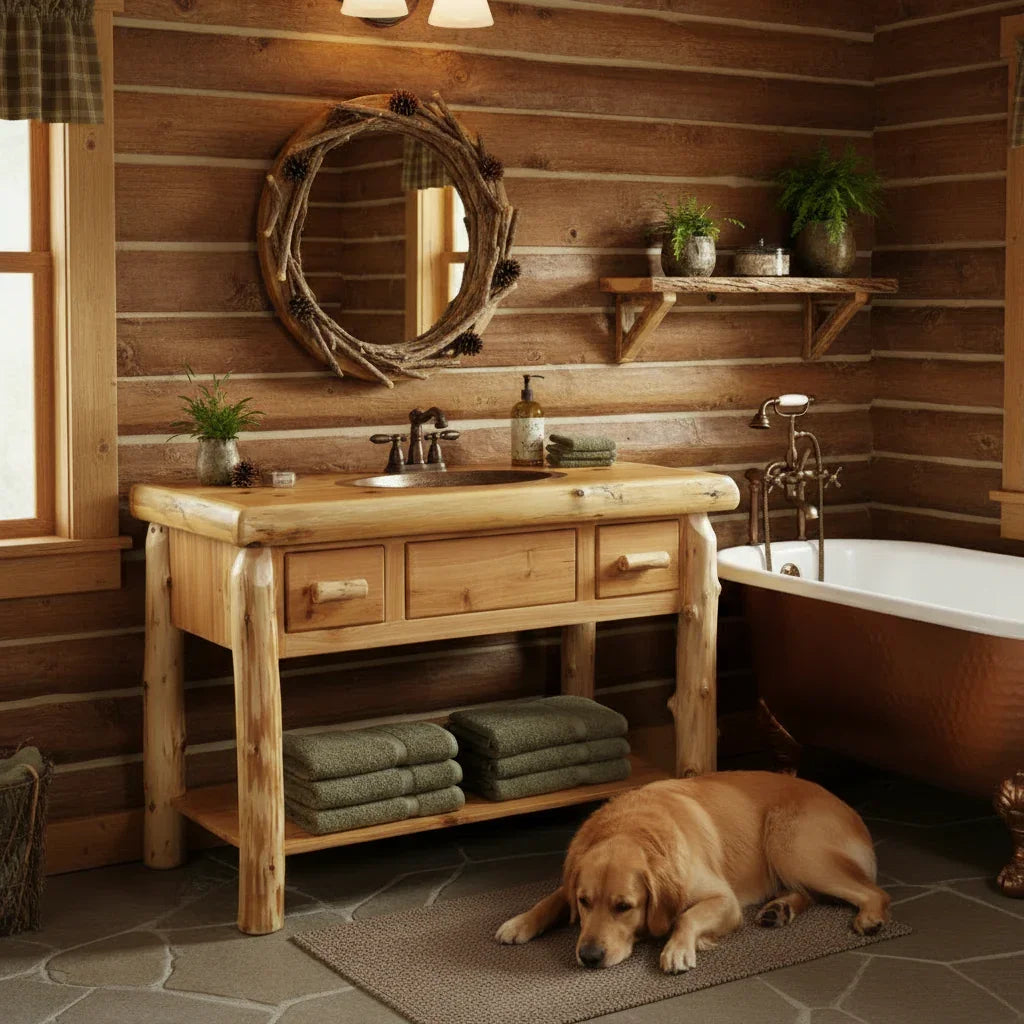 Wooden bathroom vanity with sink, mirror, and bathtub in a rustic cabin setting - Your Western Decor