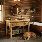 Wooden bathroom vanity with sink, mirror, and bathtub in a rustic cabin setting - Your Western Decor