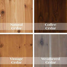 Four different wood finishes labeled 'Natural Cedar', 'Coffee Cedar', 'Vintage Cedar', and 'Weathered Cedar'. - Your Western Decor