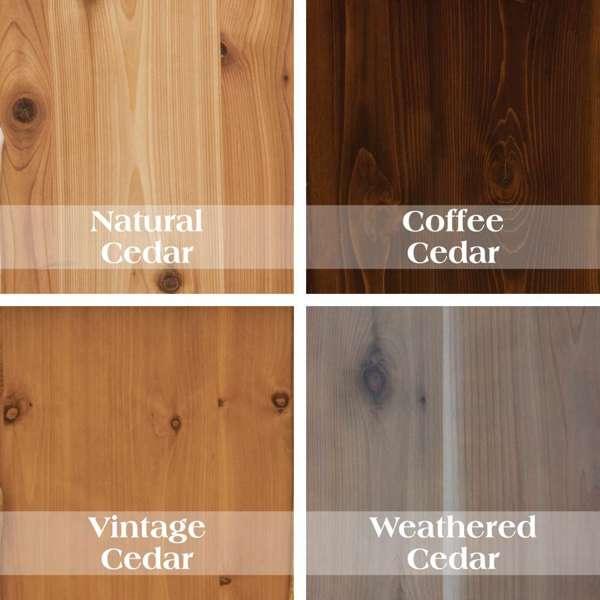 Four different wood finishes labeled 'Natural Cedar', 'Coffee Cedar', 'Vintage Cedar', and 'Weathered Cedar'. - Your Western Decor