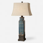 36" Distressed blue glazed ceramic table lamp with slubbed linen shade - Your Western Decor