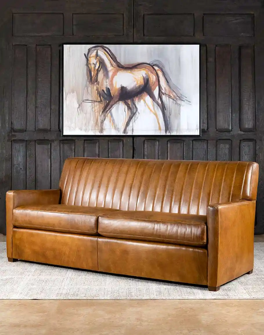 American made Channeled Tan Leather Sofa - Your Western Decor