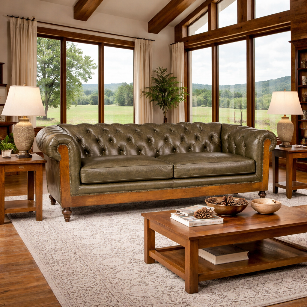 Western Chesterfield leather sofa with tufted back and wood base in sunlit ranch interior with exposed beams and panoramic windows