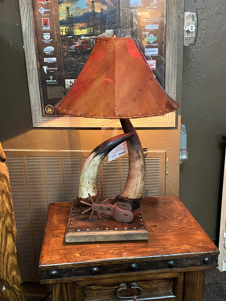 Double steer horn lamp with chestnut dyed rawhide lamp shade - Your Western Decor
