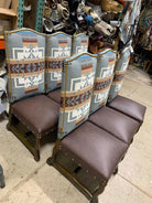 Western leather dining chair with Chief Joseph upholstery and nailhead trim, luxury lodge seating